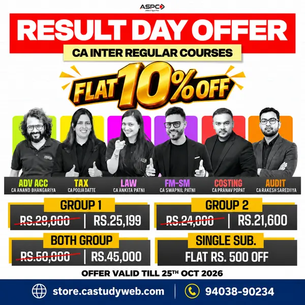 CA Study Shop Homepage 28 ASPC CA Inter Result Day Offer - Group 1 Group 2 Both Groups and single subject savings on CA Inter Regular courses